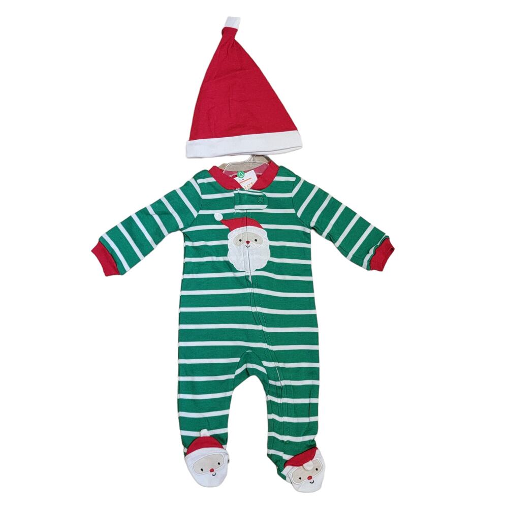 Carters Santa Pajamas‎ + Hat Boys Sz NB 1 Pc Green Stripe Christmas Footie Sleep